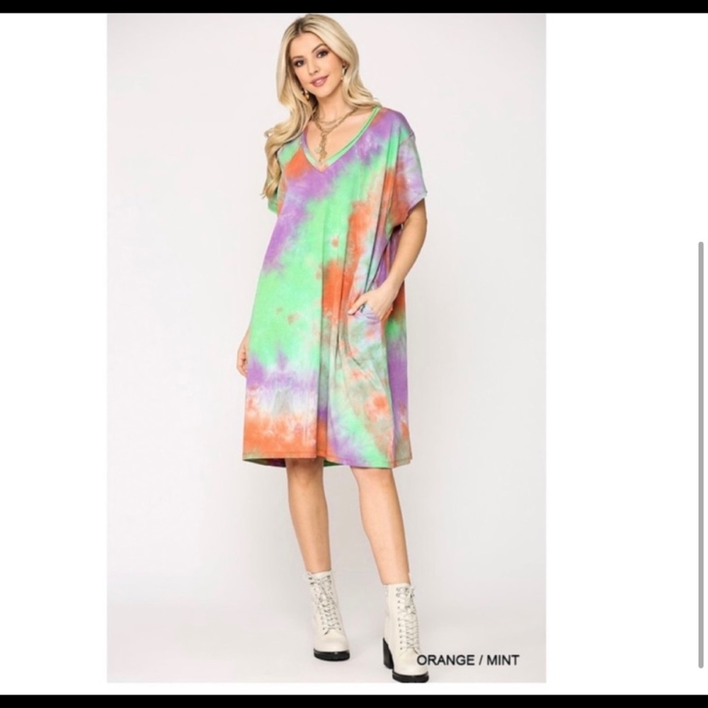 Gigio Tie Dye Midi Dress Raw Edge Cotton Jersey Dress with Side Pockets - Picture 6 of 8